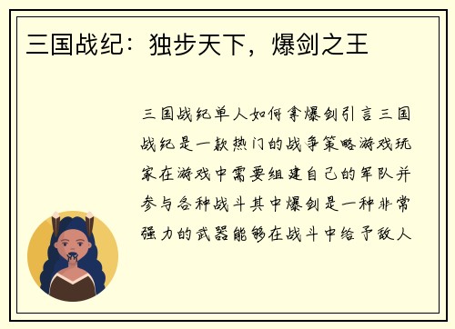 三国战纪：独步天下，爆剑之王