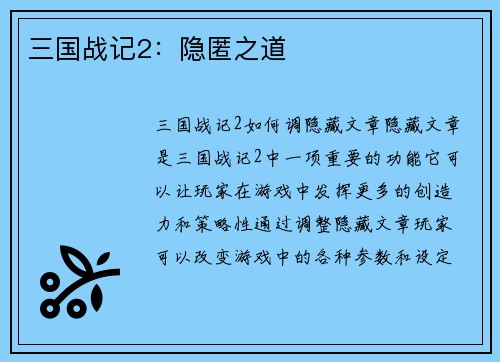 三国战记2：隐匿之道
